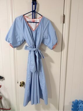 THML Blue Pinstripe Midi Dress with Orange Trim